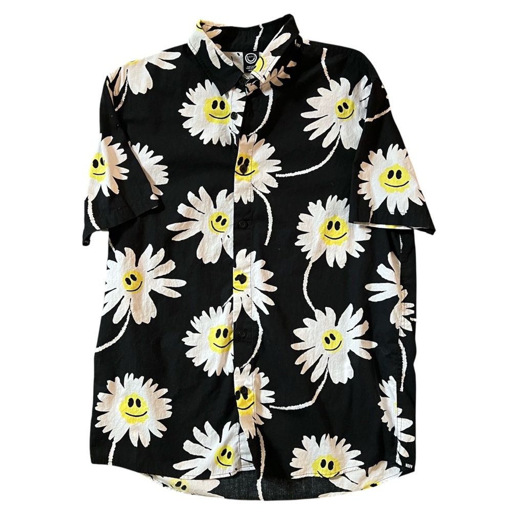 Neff Men's Button Up Short Sleeve Floral Hawaiian Smiley Face Shirt Size medium